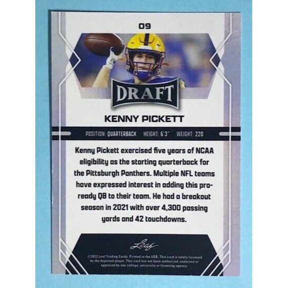 2022 Leaf Draft KENNY PICKET Pittsburgh Steelers / Pitt Panthers QB Rookie RC#9 - Picture 2 of 2